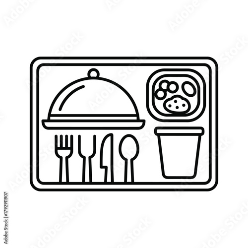 Meal tray icon with cutlery and covered dish