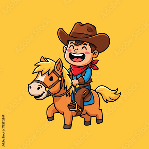 A happy cartoon cowboy boy riding a small brown horse on a solid yellow background.