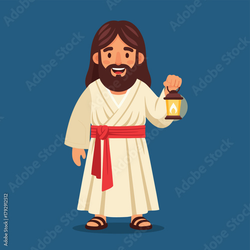 A cartoon illustration of Jesus Christ with a beard and long hair, wearing a white robe and red sash, holding a lit lantern.