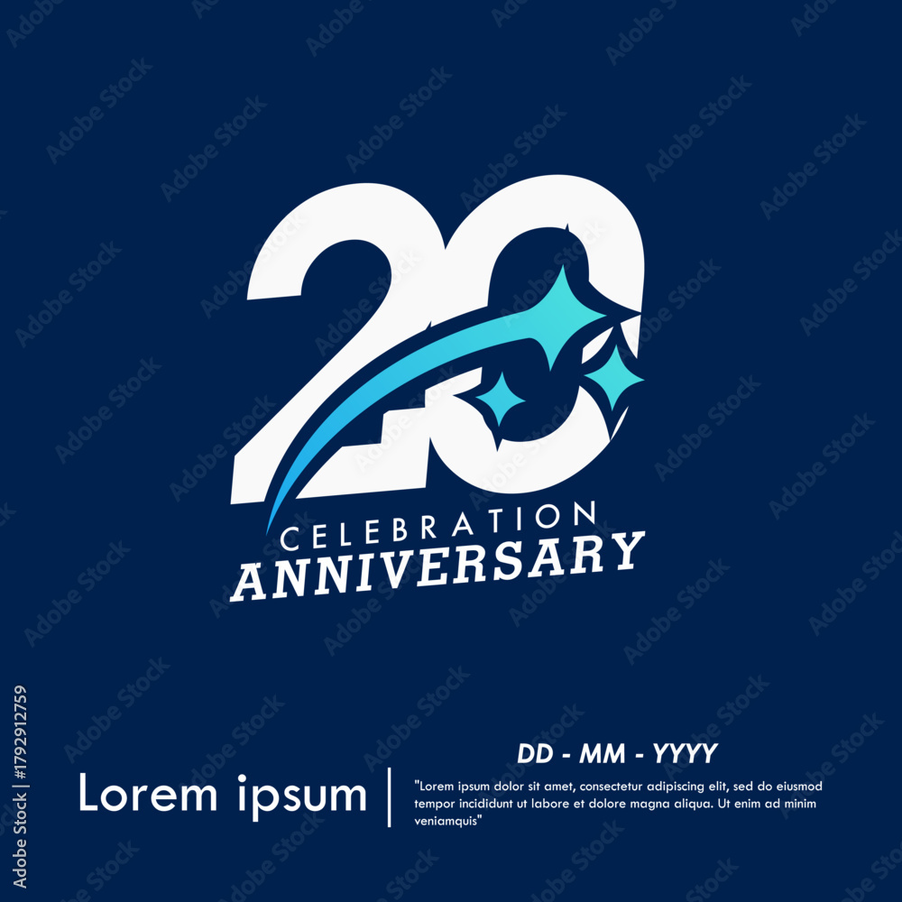 Fototapeta premium 20th years anniversary celebration emblem. anniversary logo with sparkle stars on blue background. vector illustration template design for web banner