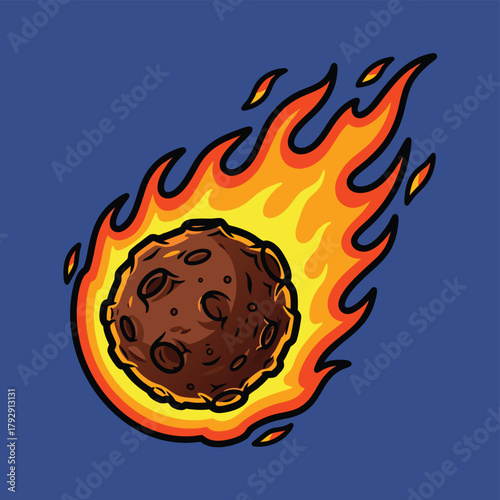 A cartoon illustration of a fiery meteor or asteroid with craters burning brightly against a blue background.