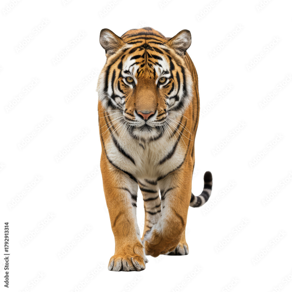 Fototapeta premium Majestic Bengal Tiger Striding Forward with Intensity on Isolated Transparent Canvas