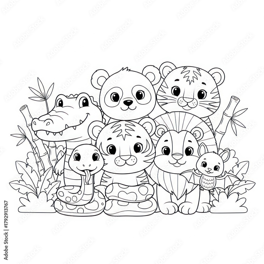 Naklejka premium Cartoon animals in black and white tiger panda snake alligator and friends