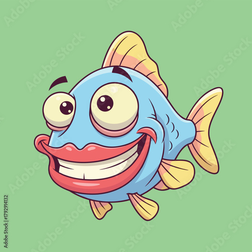 A humorous cartoon illustration of a light blue fish with large red lips and a wide, toothy smile, set against a plain green background.