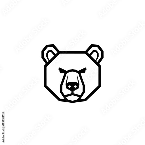 Geometric panda head illustration in a minimalist black and white style. Symmetrical wild animal face icon for a modern logo design concept