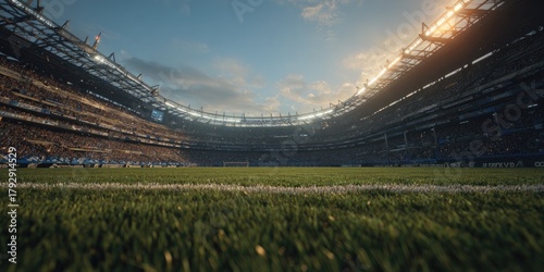 Stadium from grass level, packed with fans, sunny sky