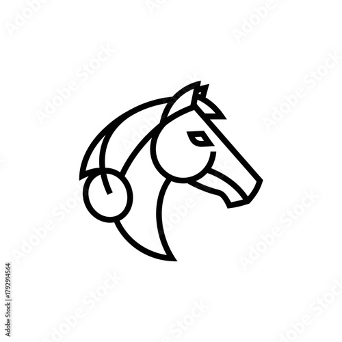 Elegant geometric horse head logo design, a minimalist line art icon representing an equestrian symbol. Modern vector illustration of a stallion profile