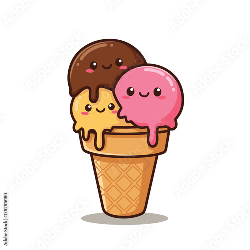 A delightful cartoon illustration of a triple scoop ice cream cone featuring chocolate, strawberry, and vanilla flavors, each with a cute smiling face.