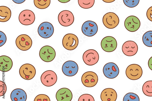  Vector illustration of a seamless pattern featuring colorful emoji faces. Different expressions like happy, sad, and surprised are displayed across multiple colored circles.