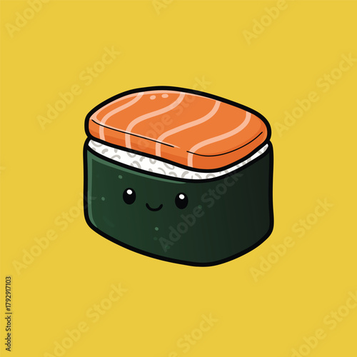 A cute cartoon nigiri sushi with salmon and a happy face on a vibrant yellow background, rendered in a simple, playful style.
