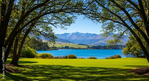 Framed mountain lake view through lush green trees