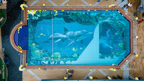 Aerial view of a pristine swimming pool with an underwater-themed mural, sparkling under the sunlight with a realistic dolphin depiction, Port harcourt, Nigeria.