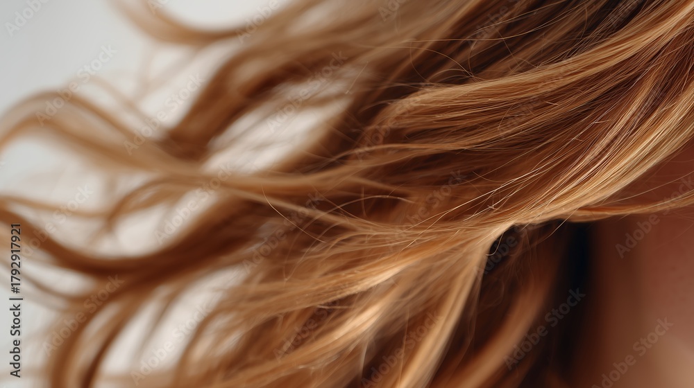 Naklejka premium Flowing golden hair moves gently in soft lighting revealing natural texture and shine