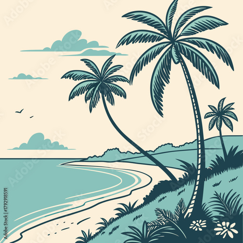 Illustration of a tropical beach scene with palm trees clouds and ocean in a vintage style design