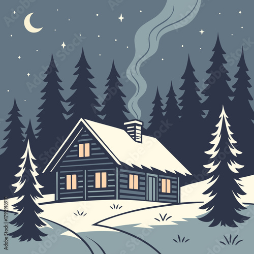 A cozy cabin nestled in a snowy forest under a starry night sky with a crescent moon shining above it all