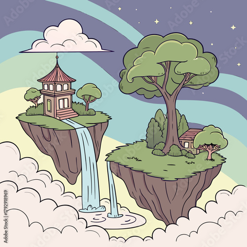 Floating islands with a pagoda, house, trees, and waterfalls in a dreamy, starry sky landscape scene