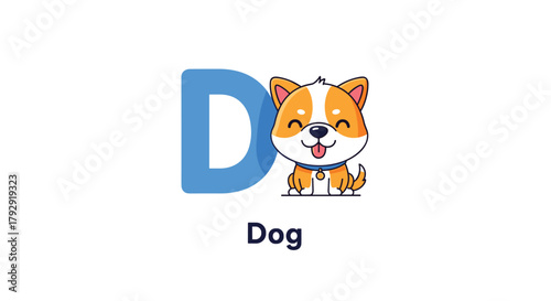 Educational alphabet flashcard for the letter D features a cute cartoon puppy sitting happily next to the large blue letter symbol.