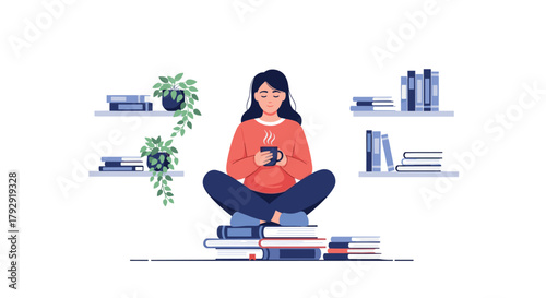Relaxed young woman sits cross-legged on a large pile of books, peacefully enjoying a hot mug of coffee with bookshelves behind her.