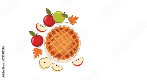 Traditional homemade apple pie with a golden lattice crust is shown surrounded by fresh red and green apples and autumn leaves.
