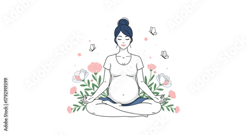 Serene pregnant woman peacefully meditates in the lotus yoga pose, surrounded by beautiful blooming flowers and gentle butterflies.