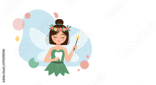 Beautiful tooth fairy with a floral wreath and delicate wings holds a magic wand and a clean white tooth for a child's collection.
