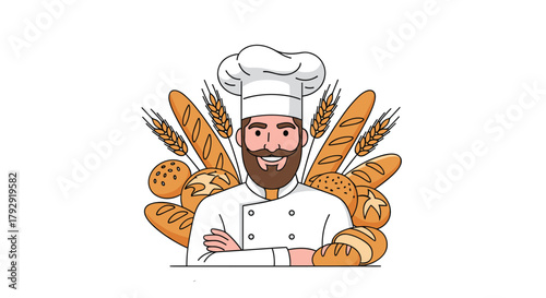 Smiling bearded baker wearing a professional chef's hat stands with crossed arms in front of an assortment of fresh baked breads.