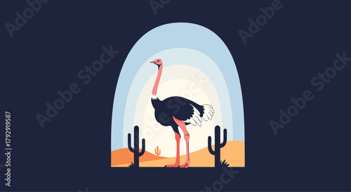 Majestic ostrich stands in a desert landscape with saguaro cacti, beautifully framed by an arch revealing a colorful layered sky.