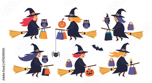 Collection of six cute cartoon witches on broomsticks is ready for Halloween shopping, accompanied by owls, pumpkins, spiders, and bats.