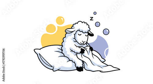 Sweet cartoon lamb sleeps soundly on a fluffy white pillow, cuddling a blanket in a representation of peaceful slumber and dreams.