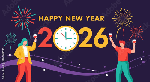 A woman and a man vector illustration of people dancing celebration new year eve with a clock, music, and party fashion