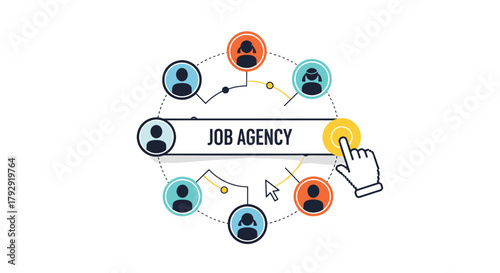 Conceptual illustration for an online job agency shows a search bar and interconnected profiles for finding employment and recruitment.
