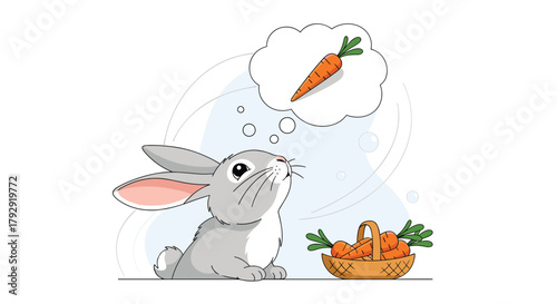 Dreaming little gray rabbit looks up at a thought bubble containing a large carrot, with a full basket of them sitting nearby.