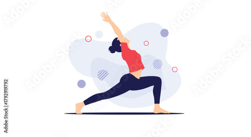 Young woman gracefully performs the warrior I yoga pose (Virabhadrasana) for physical and mental wellness on a yoga mat illustration.