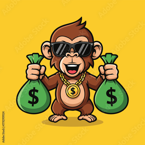 Cartoon monkey wearing sunglasses and a gold chain, holding two money bags with dollar signs on a yellow background.