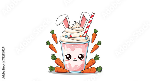 Adorable Easter-themed milkshake with a cute kawaii face, whipped cream, and bunny ears is surrounded by a frame of fresh carrots.