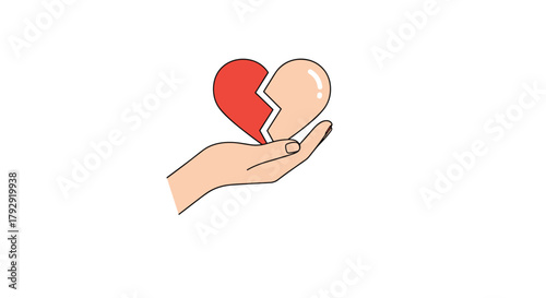 Simple line drawing shows a human hand gently holding the two separate pieces of a red broken heart, symbolizing loss and sadness.