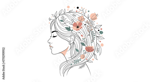 Beautiful woman's profile is elegantly drawn in a continuous line style, with colorful flowers and leaves woven through her long hair.