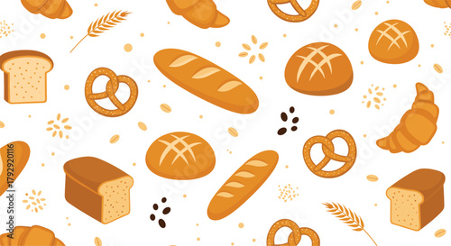 Repeating seamless pattern background features a variety of baked goods including bread loaves, croissants, pretzels, and delicious baguettes.