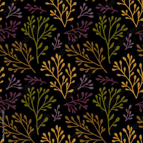 Vector botanical seamless pattern. Stylish floral ornament with simple flower branches, twigs, leaves, seaweeds, corals. Organic background texture in dark autumn colors. Repeating elegant design