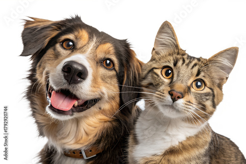 Portrait of a happy dog and cat looking at the camera together, isolated on a transparent background. The image captures the beautiful friendship and harmony between the pets, showing their joyful exp