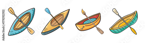 Hand drawn colorful kayaks with paddles, great for summer water sports