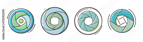 Photography aperture icons set with hand drawn sketch effect design.