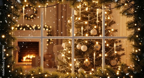 A cozy Christmas scene with a decorated tree, lights, and snow outside the window.
