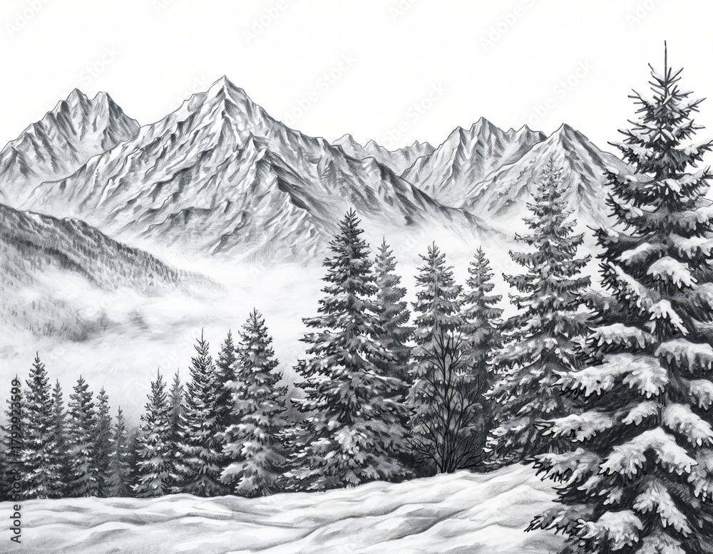 Fototapeta premium Detailed snowy mountain landscape illustration with hand-drawn pine forests, frosty peaks and winter mist, graphite and charcoal style sketch mural, serene monochrome nature scene for decorative wall