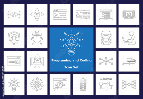 Outline Programming Icons - Web Development, IT, Data Security, and Algorithm Concepts: Minimalist Line Art Vector Graphics.