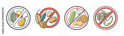 Food allergy intolerance restriction icons set. dietary warning signs