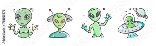 Cartoon green aliens characters set in different poses, extraterrestrial.