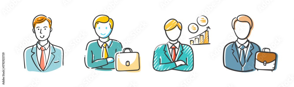 Obraz premium Sketchy businessmen in suits vector illustration set for finance