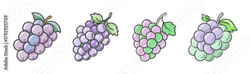 Hand-drawn cartoon grape bunches vector set in various colors