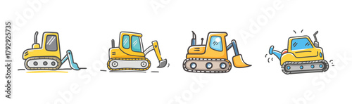 Cute hand-drawn yellow construction vehicles and excavators set